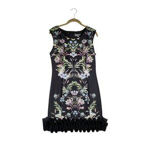 Donna Ricco Cupcake Hem Scuba Dress Black Floral Sheath Ruffle Womens Size 12